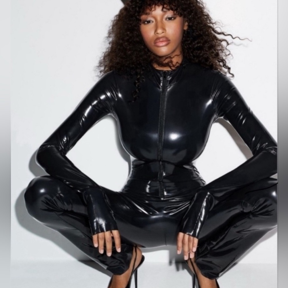 Skims Stretch Vinyl Catsuit Moto Sexy Onesie NWT Onyx Black Rare Sold Out